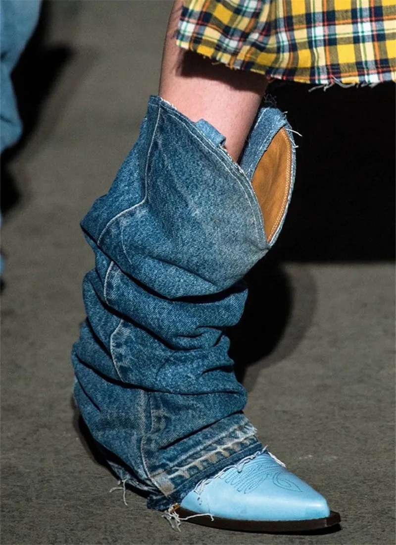 Jady/женские синие джинсовые ботинки ковбойский из натуральной кожи осенние ботинки для верховой езды на высоком массивном каблуке 7 см; botas Mujer
