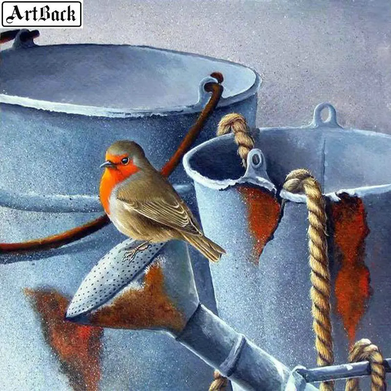 

ARTBACK Diamond Mosaic Bird 5d Diy Diamond Painting Sparrow Iron Bucket Full Square Animal Diamond Embroidery 3d Decoration