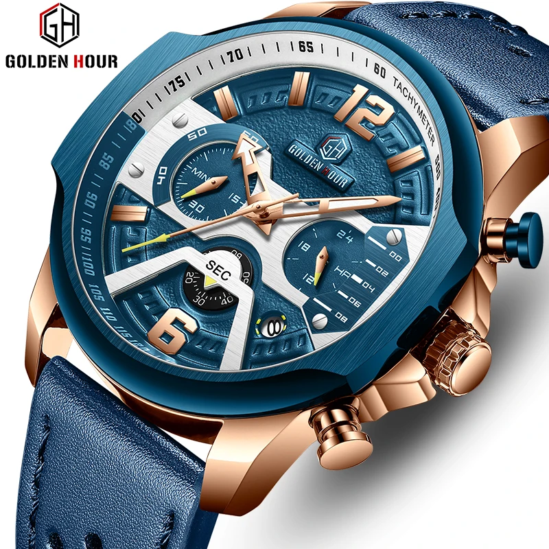 Comprar Relojes para hombre reloj de cuarzo azul de lujo para hombre reloj de pulsera de cuero con cronógrafo de deporte grande reloj de pulsera para hombre reloj Masculino