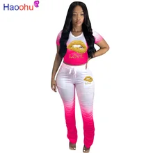 

HAOOHU Plus Size Two Piece Set for Women Lip Print Stacked Pants Women Clothing Short Sleeve Lounge Wear Sexy Outfit for Woman