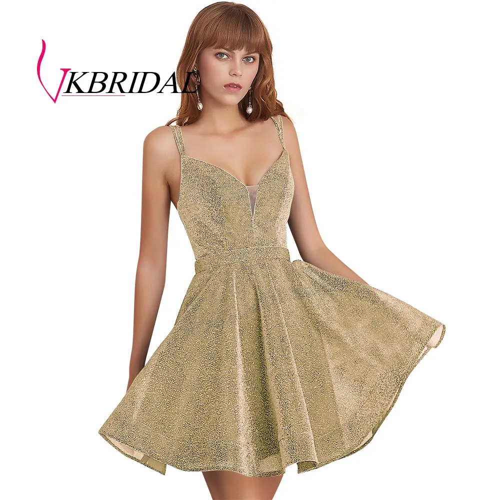 Золотой VKBRIDAL сексуальные короткие платья для выпускного вечера с глубоким v-образным вырезом Новое поступление блестящая ткань вечерние платья для выпускного вечера - Цвет: Золотой