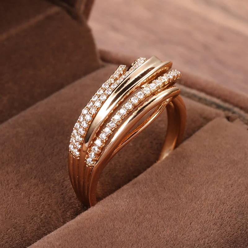 Kinel Hot 585 Rose Gold Wave Ring Natural Zircon Fine Hollow Ethnic Wedding Rings for Women