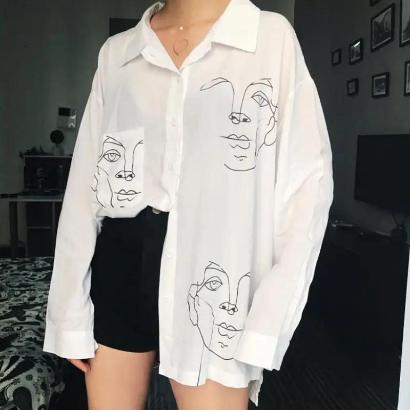 

2019 New Summer Blouse Shirt Female Cotton Face Printing Full Sleeve Long Shirts Women Tops Ladies Clothing
