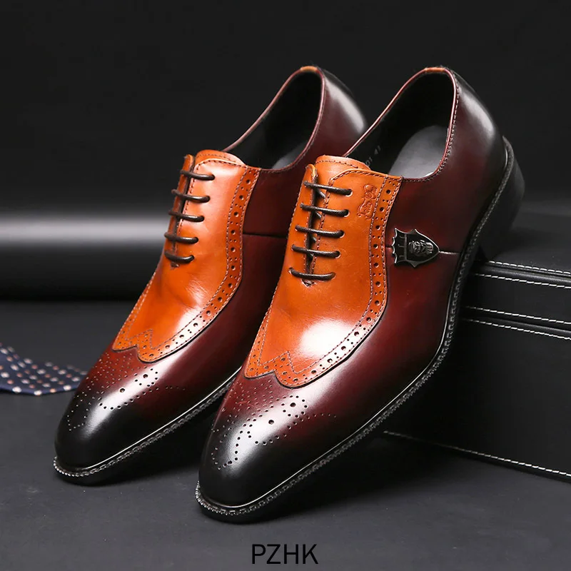 

2019 Sapatos Mens Dress Shoes Zapatos Estilo Italiano De Cuero Genuino Para Hombre, Brogue Con Punta Ala Boda, Vestir Formales