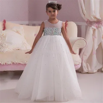 

Luxurious Flower Girl Dresses Sleeveless O-Neck Fluffy Tulle Floor Length Beaded Crystal Girls Holy communion Pageant Gowns