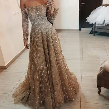 

Women Strapless Glitter Dinner Dresses Elegant Long Sleeve Ceremony Cocktail Floor Length Maxi Dress Ladies Night Party Frocks