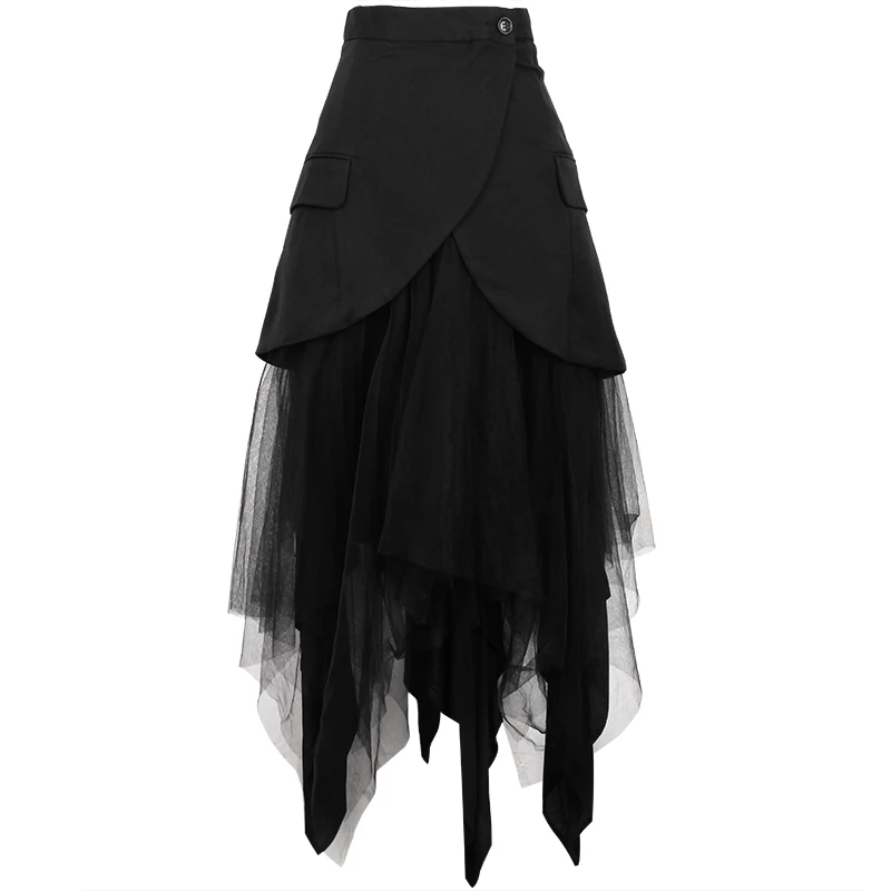 Sexy Black Mesh Patchwork Long Skirts for Ladies Elegant Style Women High-waisted Blazer Work Skirts Steam Punk Style - Цвет: black