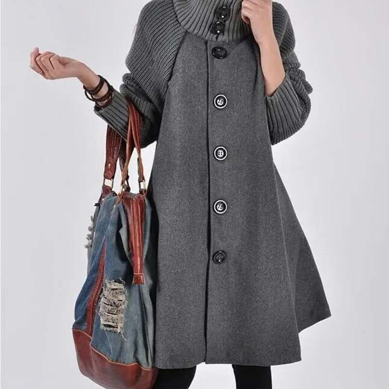 Женское зимнее пальто, длинное шерстяное пальто для женщин, большой размер, свободное, однобортное, с высоким воротником, Женская куртка