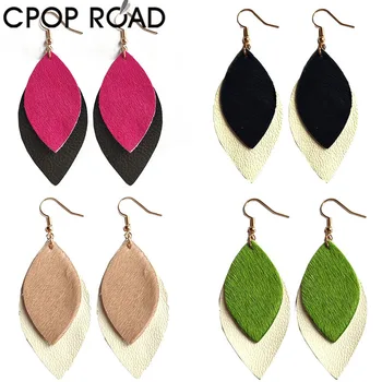 

Cpop Cowhide Leather Earrings for Women Genuine Hair on Leather Earrings Pearl Fashion Leaf Dangle Boho Golden Dot Drop Earrings