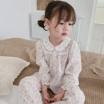 

2020 Spring Summer New Style Girls Children's Lovely Home Clothes with Doll Collar Cherry Print Cotton 2PCS Pajamas Clothing Set