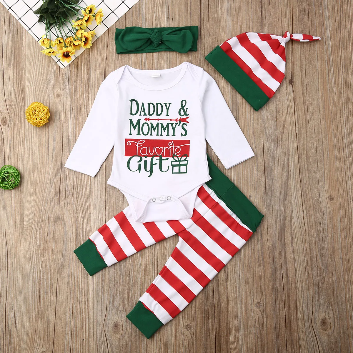 

2020 Newborn Baby Boy Girl Christmas Clothes Romper Pants Headband Hat Xmas 4PCS Outfits Set