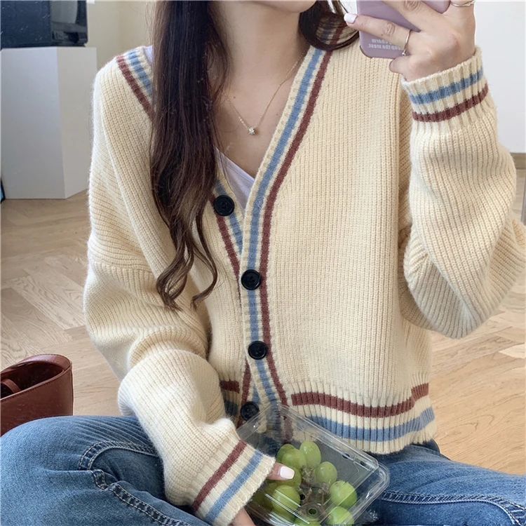 

Women Knitted Cardigans Korean Chic Autumn Loose Short V-Neck Striped Sweater Female Casual Retro Coat Cardigans Knitwear Tops