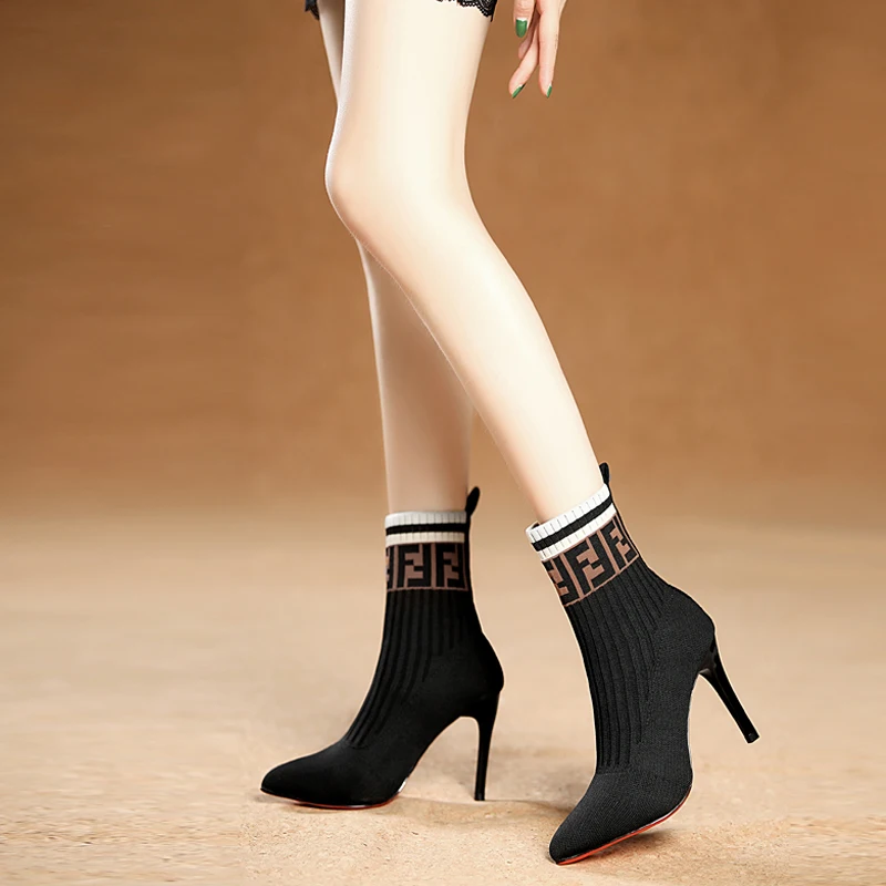 

2019 Spring/Autumn New Women Knitted Stretch Fabric Super High Sock Boots Red Bottom High Heels