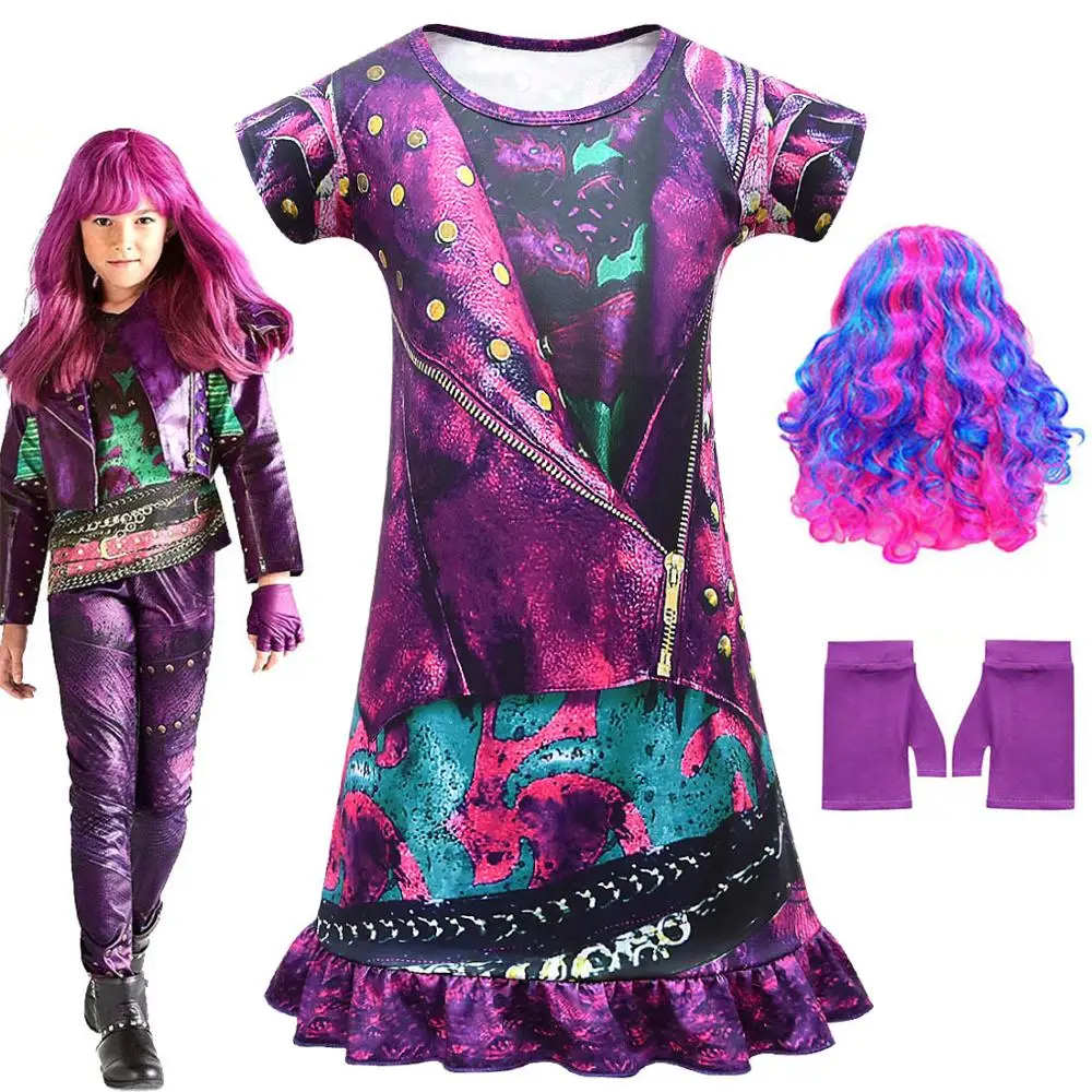 

2020 New Descendants 3 Dress Evie Deep Purple Long Wave Wig Child Cosplay Nightdress Gloves Birthday Gift Halloween Set