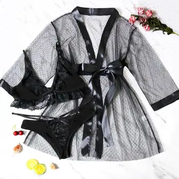 

Plus Size Sexy Lace Robe Nightwear Fashion Women Dot Mesh Sleepwear Long Sleeve Nightgowns Roupa Para Dormir 2019 New Hot Sale 1