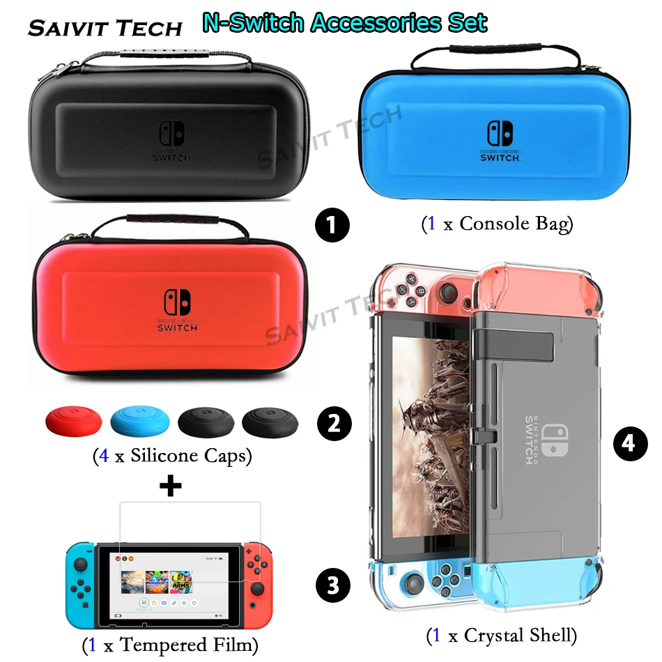

Nintend Switch Console Storage Bag/Screen Glass Film/Protect Hard Case Shell/Silicone Caps Set for Nintendo Switch Accessories