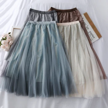 

medium long mesh with big swing half length for women 2019 new sweet and versatile high waist puffed yarn skirt