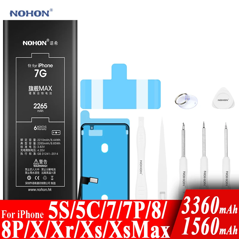 

Nohon Battery For Apple iPhone 7 8 Plus 5s 5c X Xr Xs Max 7Plus 7P 8P iPhone7 1560-3360mAh Bateria +Tools For iPhone 5s 8 7 Plus