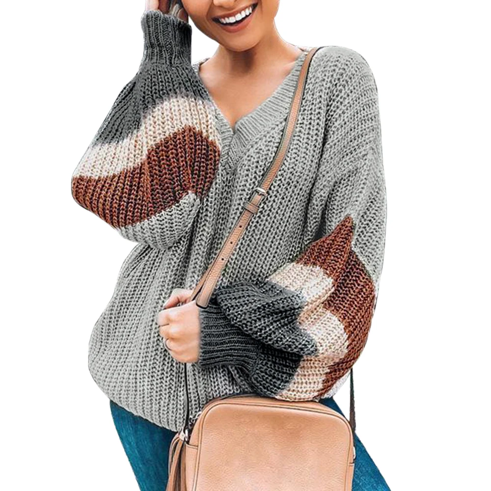 LASPERAL V образным вырезом размера плюс женский осенний свитер зимний лоскутный свободный фонарь рукав Уличная полосатый джемпер женский пуловер