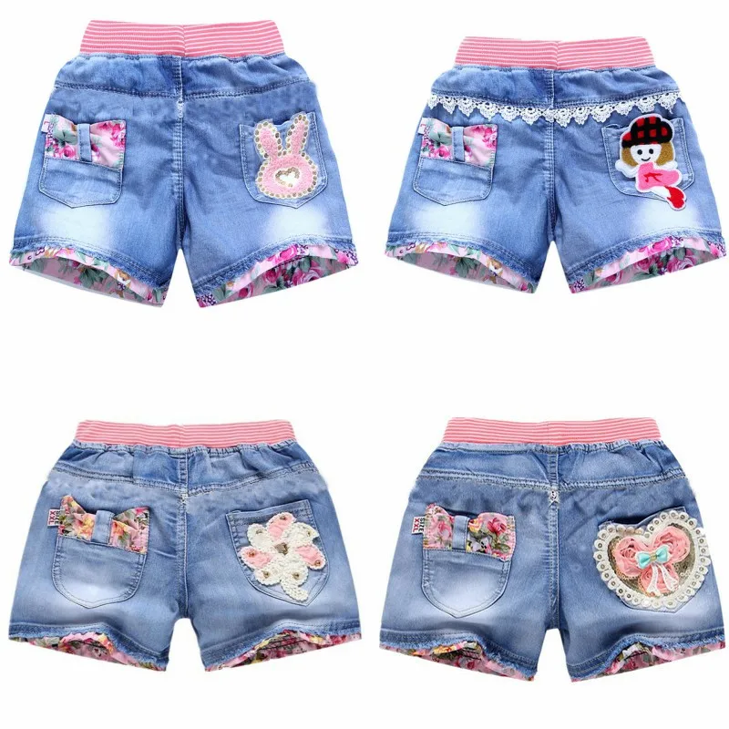 Pantalones cortos de mezclilla para niñas, Shorts bonitos de moda de verano con encaje Floral