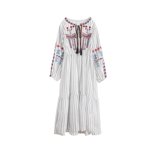 Винтажное шикарное женское пляжное богемное платье с вышивкой и кисточками с длинным рукавом женское платье-миди из льна и хлопка с круглым вырезом boho vestidos - Цвет: white