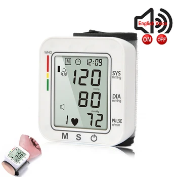 

New English Voice Cuff Wrist Sphygmomanometer White Blood Pressure Meter Monitor Heart Rate Pulse Portable Tonometer BP Home