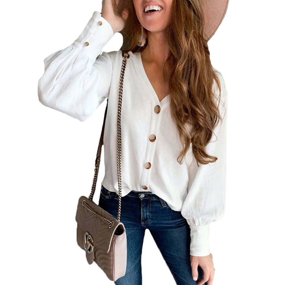 Oeak 2019 Autumn Solid Blouses Office Shirts Women V-Neck Tops Long Sleeve Cotton Blouse Female Ladies Work Wear Shirt
