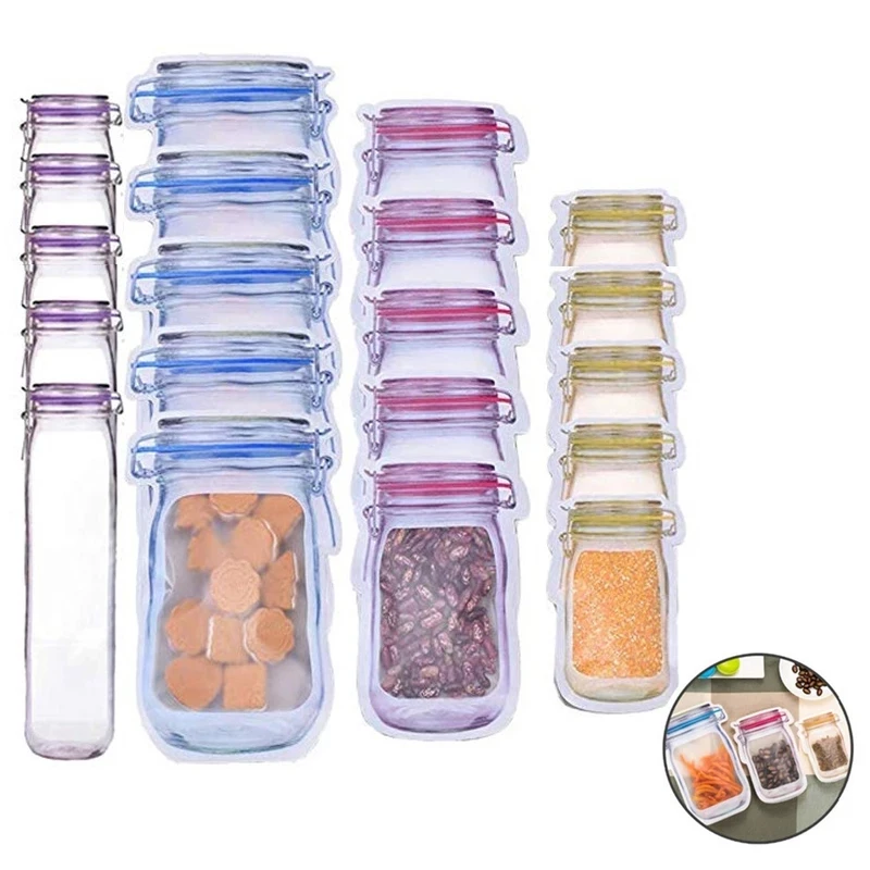 

4/12/20 PCS Portable Mason Bottle Shape Bags Nut Candy Snack Fresh Food Storage Reusable Snake Zipper Seal Bag Kitchen Organizer