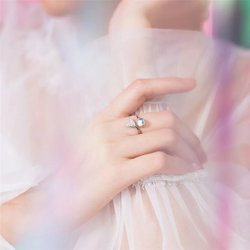 Sole Memory Blue Crystal Zircon Mermaid Fishtail Silver Color Female Resizable Opening Rings SRI991 silver ring silver rings
