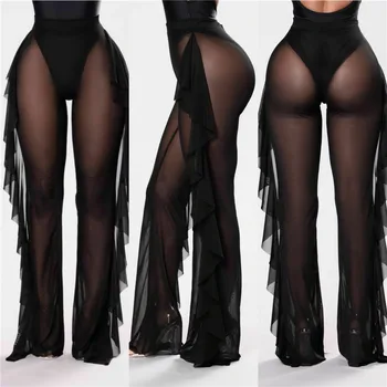

2019 Sexy Women See-through Pants Bikini Cover Up Mesh Ruffle Bottoms Plus Size Loose Long Trousers Beachwear Swimwear Swimsuit