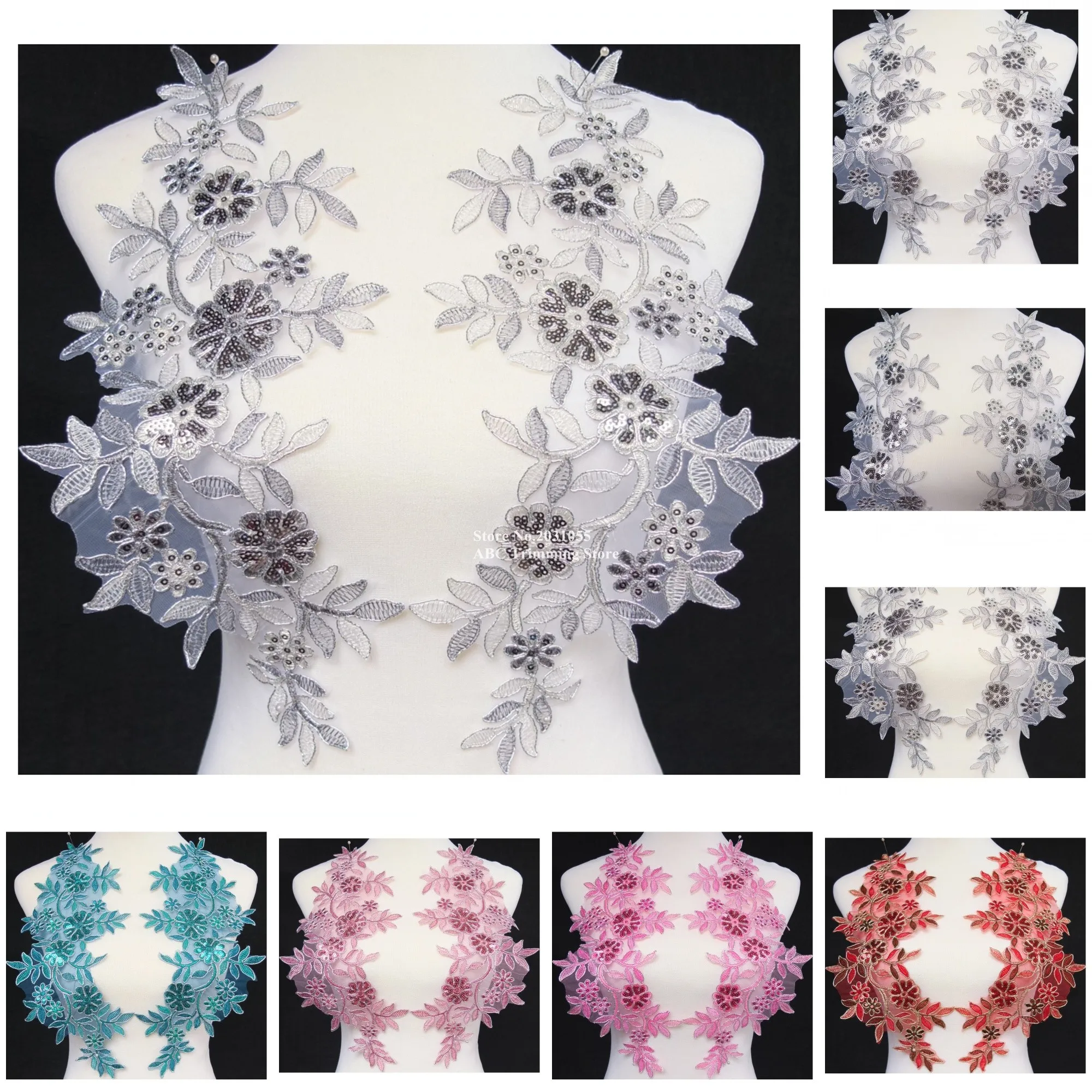 1pair=2pcs x 5Color(Silver Pink Pale Mauve Teal Blue Red)Sequin Flower Patches Neckline Embroidery Lace Appliques Collar TBNC115 | Дом и сад
