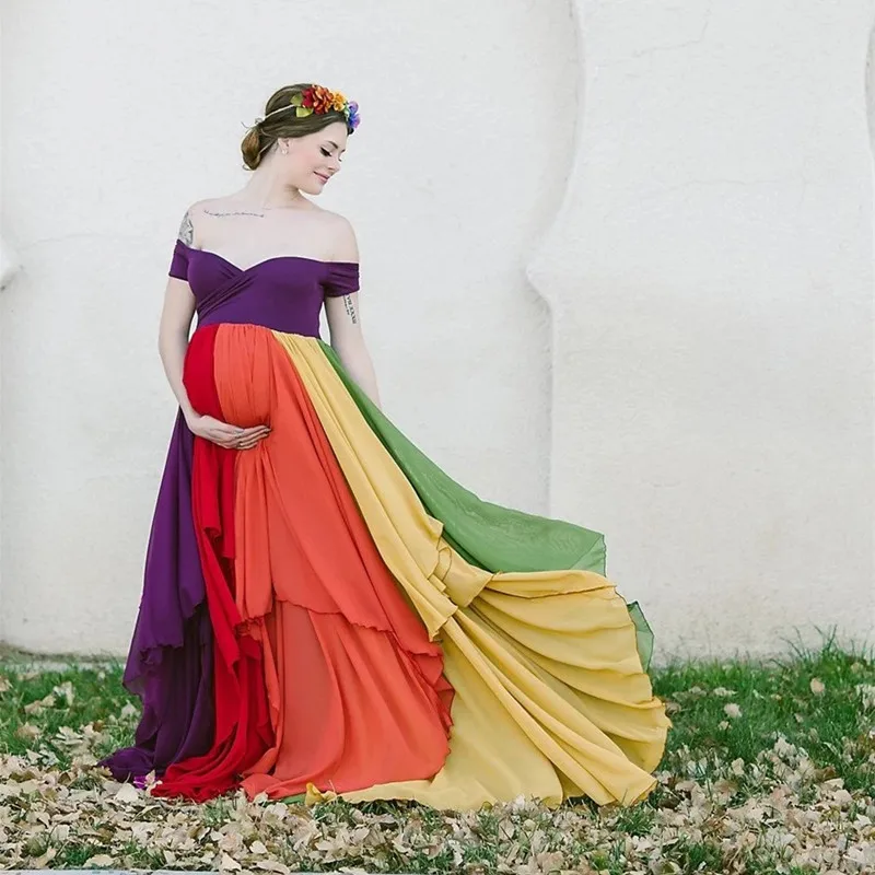 Rainbow Maternity Photoshoot Tulle Dress Off Shoulders Stretch