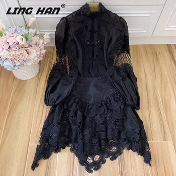 

LINGHAN Fashion Puff Sleeve Bow Blouse + Asymmetry Mini Skirt Embroidery Silk linen Set Women's Designer Runway New