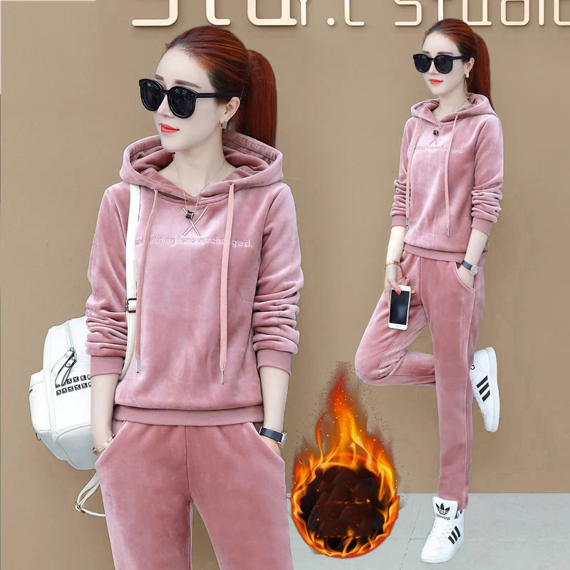 Winter Thicken Velvet Tracksuit Two Piece Set Women Outfit Casual Hoodies And Sweatpants High Quality Fashion Velour Sweatsuit summer 2 piece shorts set men outfits casual zip polo tracksuit men sweat suit fashion sweatsuit set roupa ensembles pour hommes