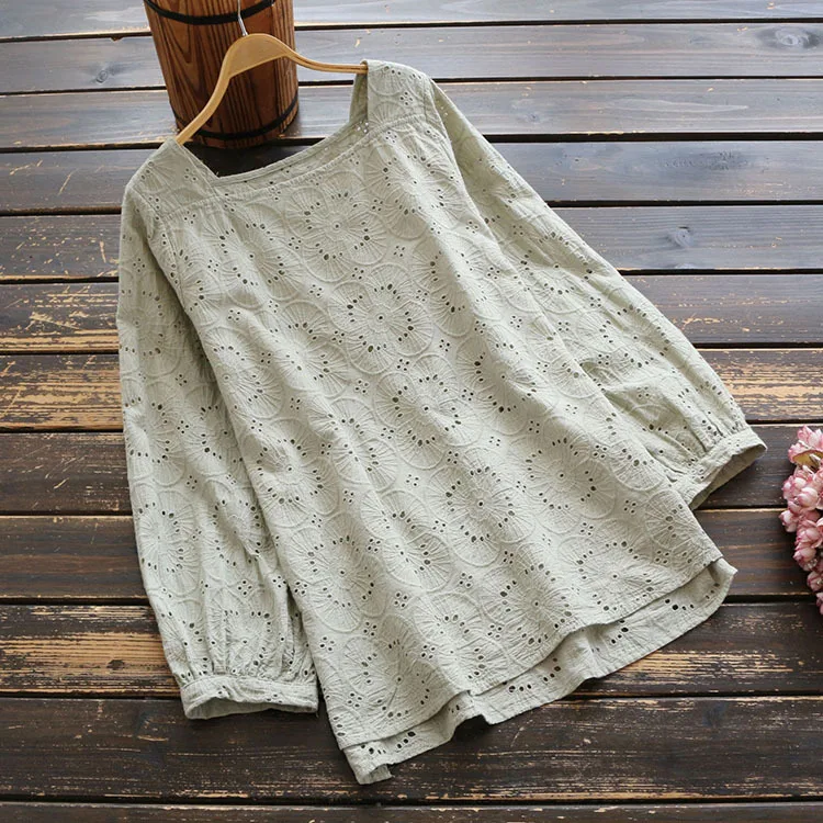 6805 Mori Girl Новая Осенняя женская рубашка с вышивкой, топы, женский свободный Хлопковый пуловер с длинными рукавами, однотонная блузка