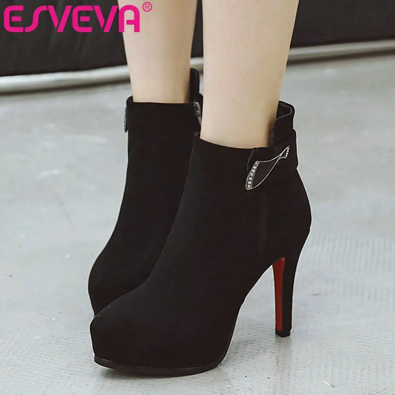

ESVEVA 2020 Western Style Women Shoes Winter Ankle Boots Pointed Toe Flock Zipper Square Low Heel Fashion Boot Size 34-43