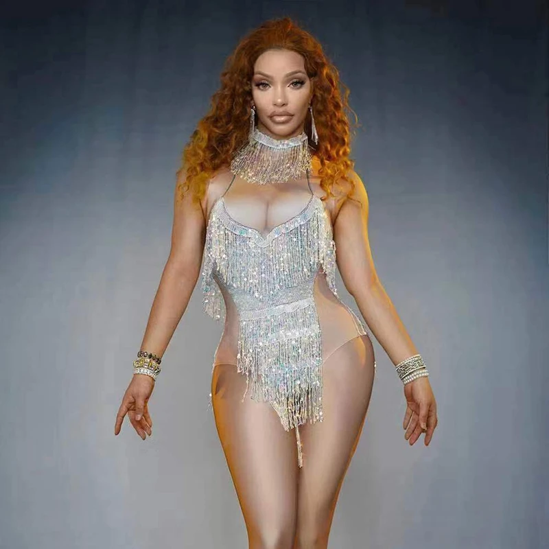 Блестящий боди с бахромой для женщин, певица, танцевальный наряд для сцены, сексуальный купальник с кисточками, костюм для праздника, Рейв, одежда