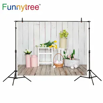 

Funnytree easter photo background spring wood wall room flowers basket eggs children photography backdrop photozone photocall