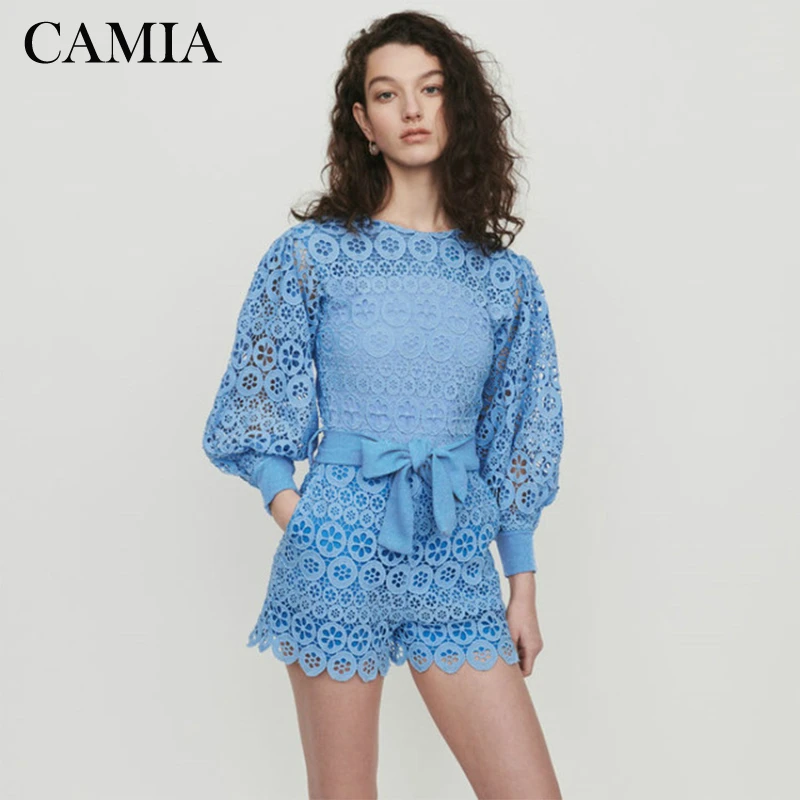 CAMIA/белые/синие открытые кружевные комбинезоны с рукавами-фонариками, повседневные дизайнерские женские комбинезоны для подиума, осень-зима, модные