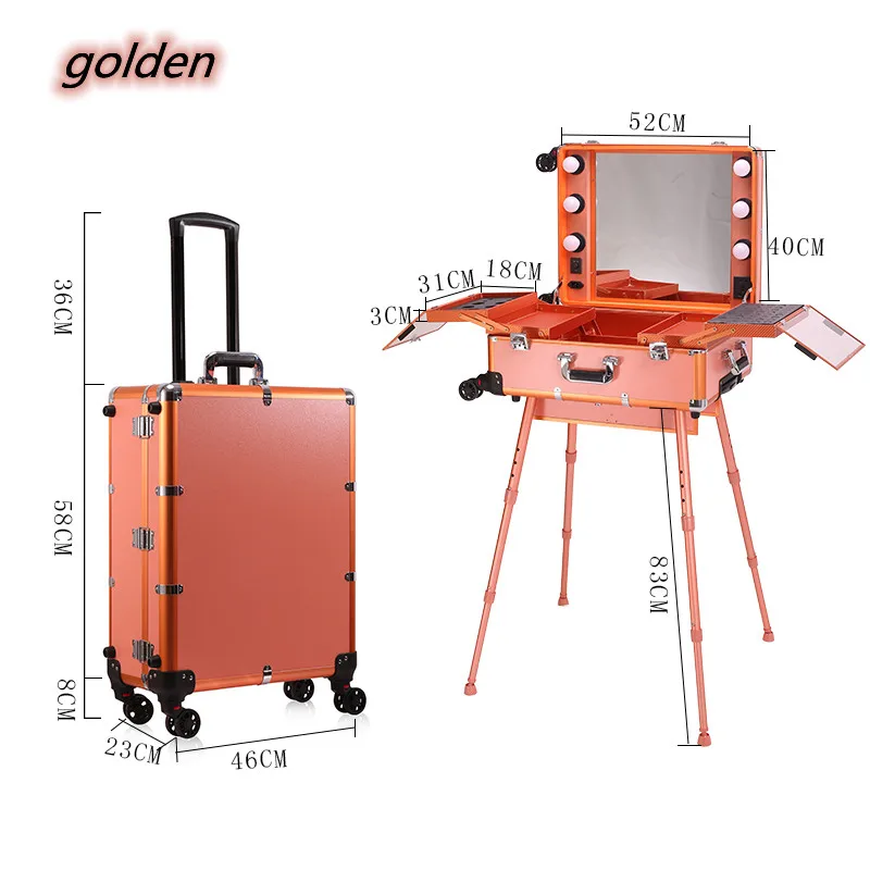 Pink Makeup Artist Suitcase Aluminium Luxury Travel Beauty Manicure Suitcases Mirror Lamp Cosmetic Trolley Tool Box Customized