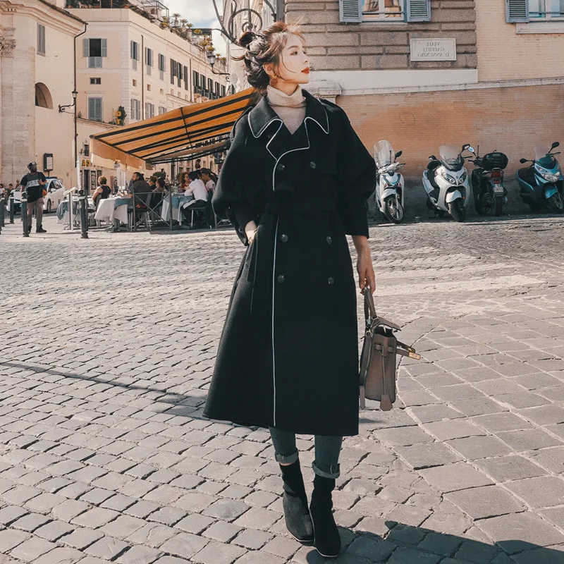 

Black And White with Pattern French Covered Edge Woolen Jacket Women's Mid-length 2020 Autumn And Winter New Style Loose-Fit Ele