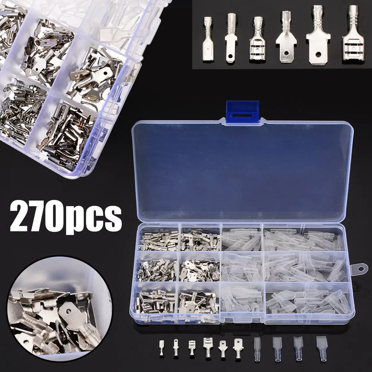 270Pcs/Set Insulated Electrical Wire Male & Female Crimp Terminals 2.8/4.8/6.3mm Spade Connectors Assortment Kit with Box