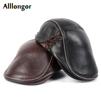 

High Quality 2019 Winter Warm Genuine Cowhide Leather Berets Men Fashion Peaked Tongue Cap Male Bone Pure Cowhide Dad Hats