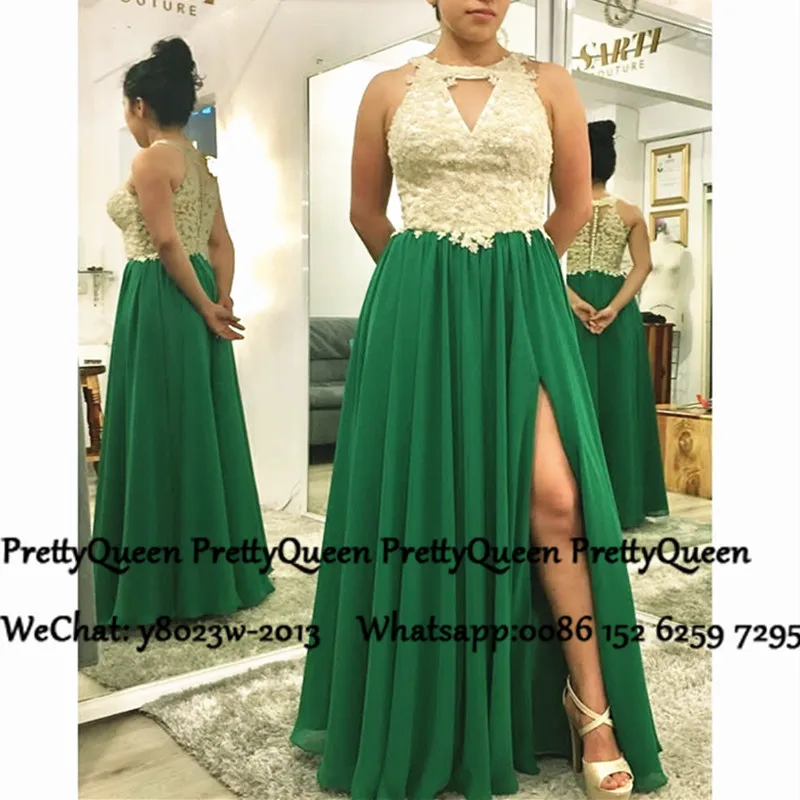 Изысканные Аппликации Длинные платья для выпускного вечера зеленая шифоновая юбка трапециевидной формы с разрезом по бокам вечернее платье для женщин vestido de festa