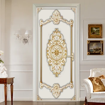 

3D Flower Pattern PVC Self-adhesive Removable Door Sticker Mural Wallpaper Wall Decals Study Room Bedroom Door Decoration Poster