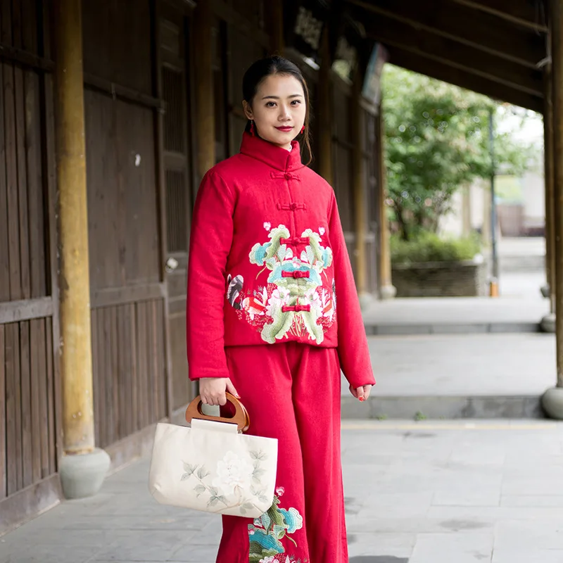 

2017 New Style Winter Cotton Linen Ethnic-Style WOMEN'S Top Cotton Overcoat Embroidered Two-color Cotton Coat