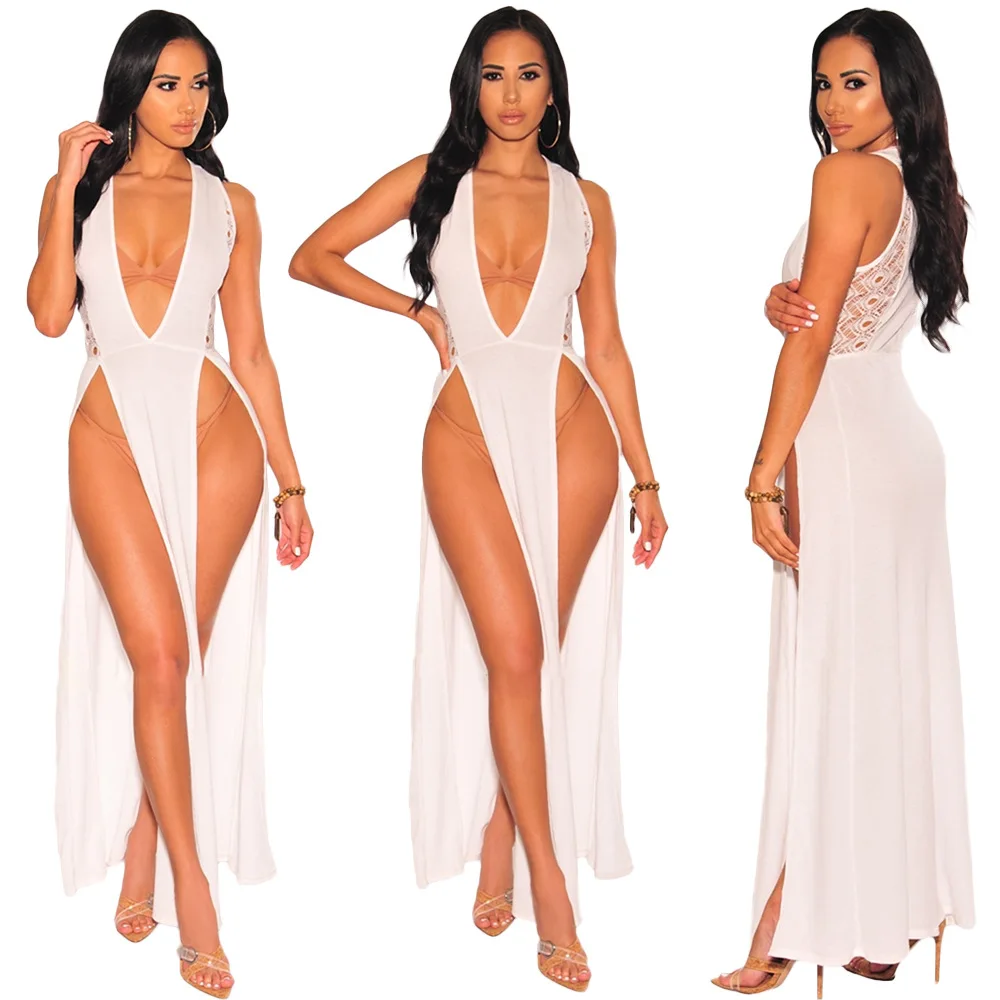 White Lace Stitching Fashion Summer Sleeveless Beach Dress Women Sexy