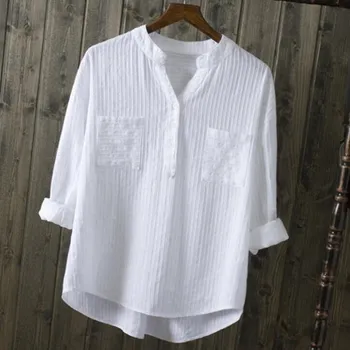 

New 2019 Spring Summer Women Casual Pocket V-Neck Shirts Fashion Long Sleeve White Cotton Blouses