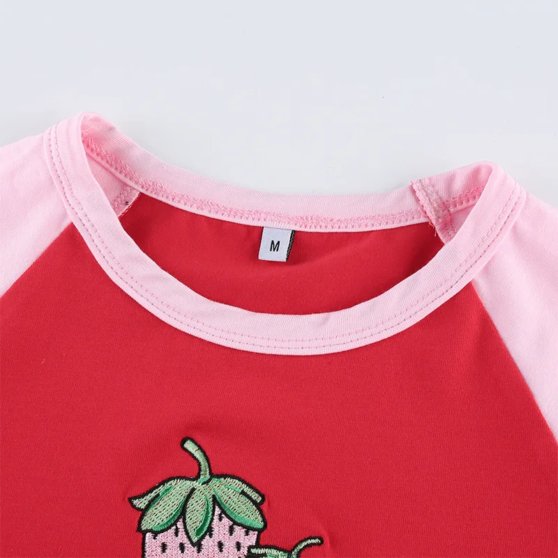 ALLNeon Sweet Strawberry Embroidery Front Crop Tops E-girl O-neck Short Sleeve Patchwork Red T-shirts Fashion Summer Kawaii Tees