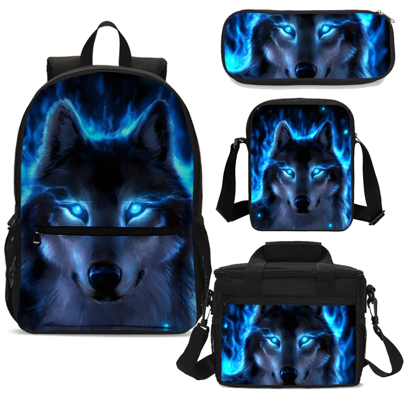 4pcs/set School Backpack For Boy Blue Wolf Cute Bookbag Kids Student